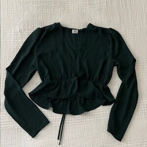 Aritzia Dark Green Long Sleeve Wrap Peplum Top Size S